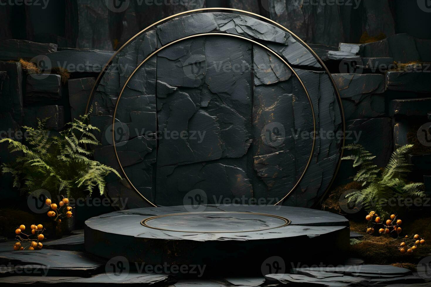 Stone and rock shape 3d render illustration. Round podium, pedestal for brand product exhibition. Solid dark black color AI Generative Illustration. photo