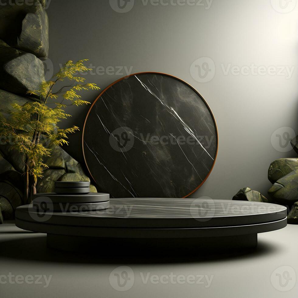 3d render of black and gold pedestal podium on background with neon stage light abstract minimal concept decorate with plant, blank space luxury minimal clean design AI Generative photo