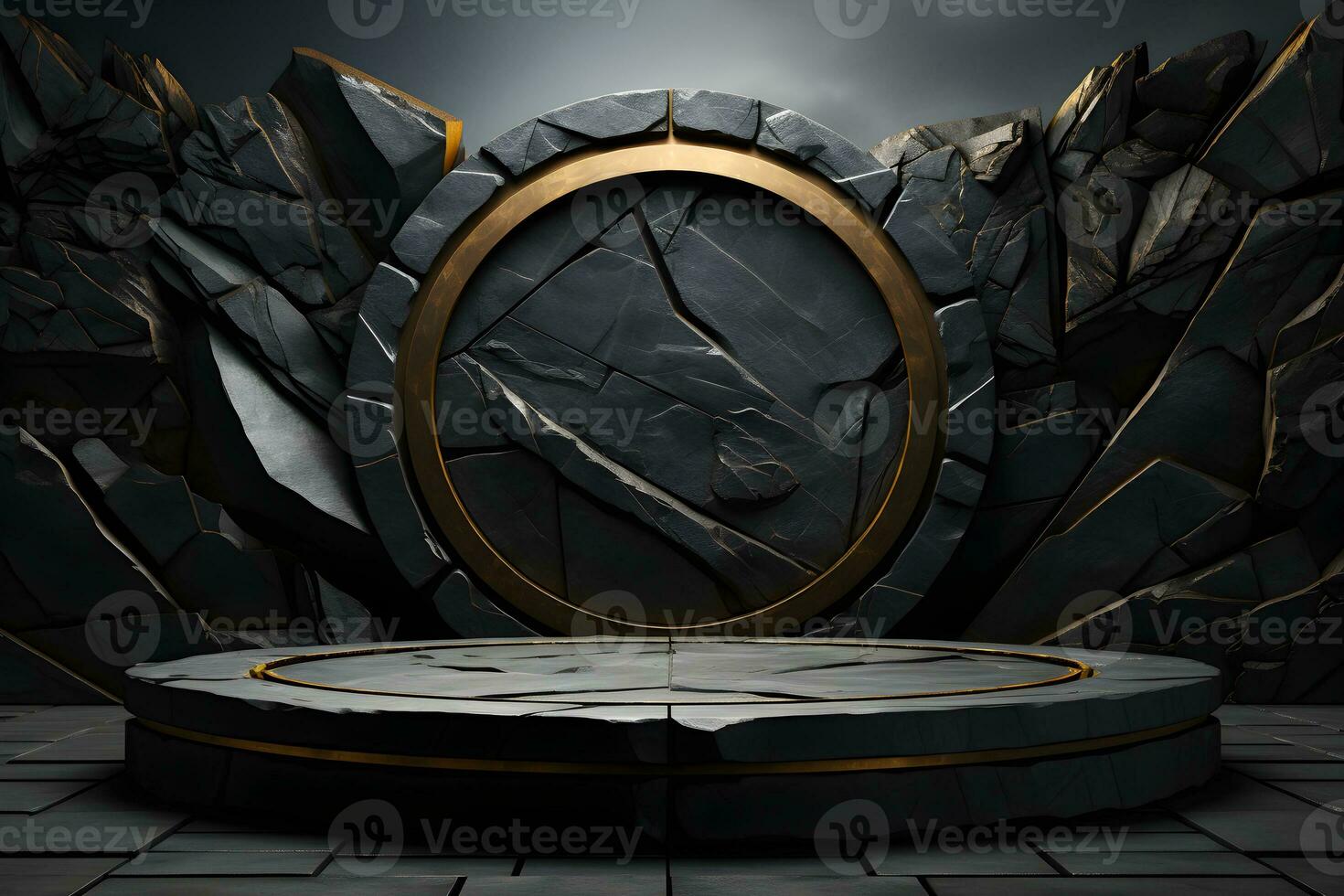 Stone and rock shape 3d render illustration. Round podium, pedestal for brand product exhibition. Solid dark black color AI Generative Illustration. photo