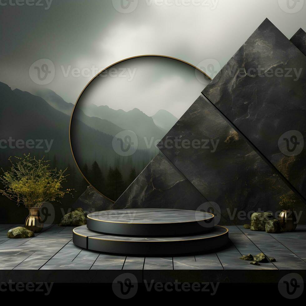 Stone and rock shape 3d render illustration. Round podium, pedestal for brand product exhibition. Solid dark black color AI Generative Illustration. photo