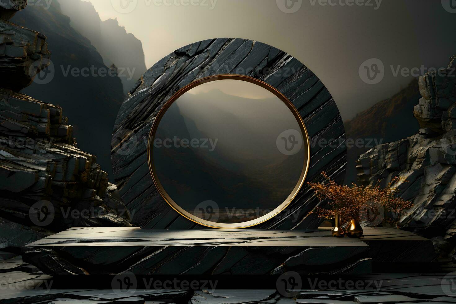 Stone and rock shape 3d render illustration. Round podium, pedestal for brand product exhibition. Solid dark black color AI Generative Illustration. photo