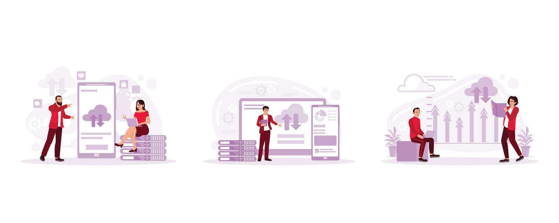Businessman checking data. Cloud concept for storing data. Checking and saving data in cloud concept. Could Computing concept. Set Trend Modern vector flat illustration