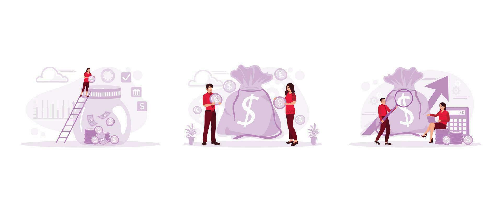 Putting coins into the jar. Collecting money in a money bag. Check the money bag with the upward arrow. Active Income concept. Set Trend Modern vector flat illustration