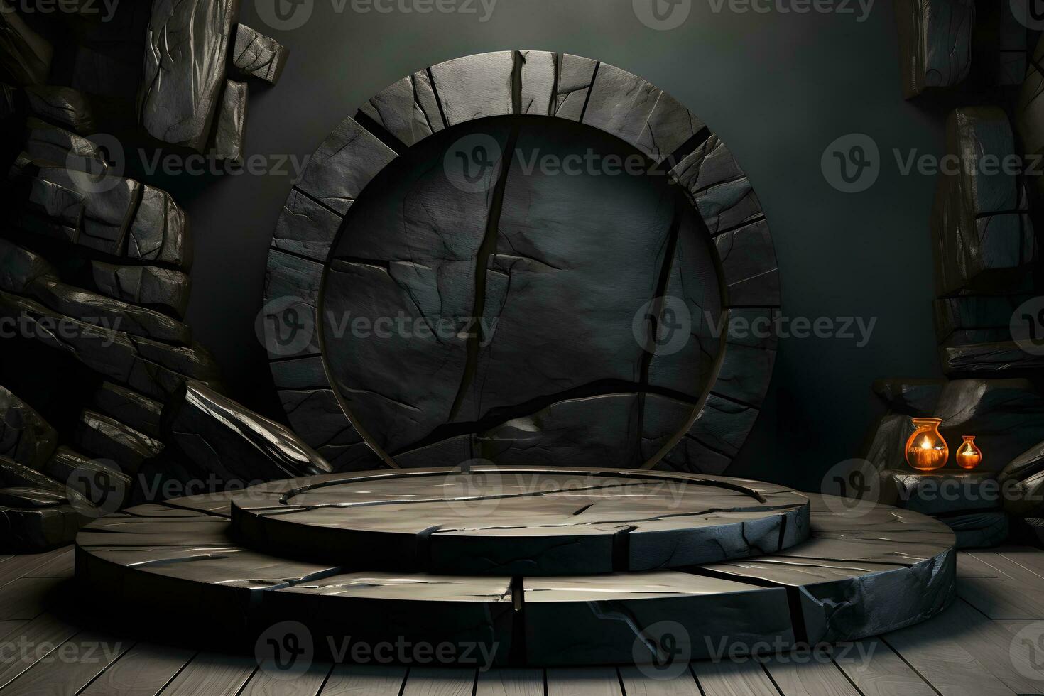 Stone and rock shape 3d render illustration. Round podium, pedestal for brand product exhibition. Solid dark black color AI Generative Illustration. photo