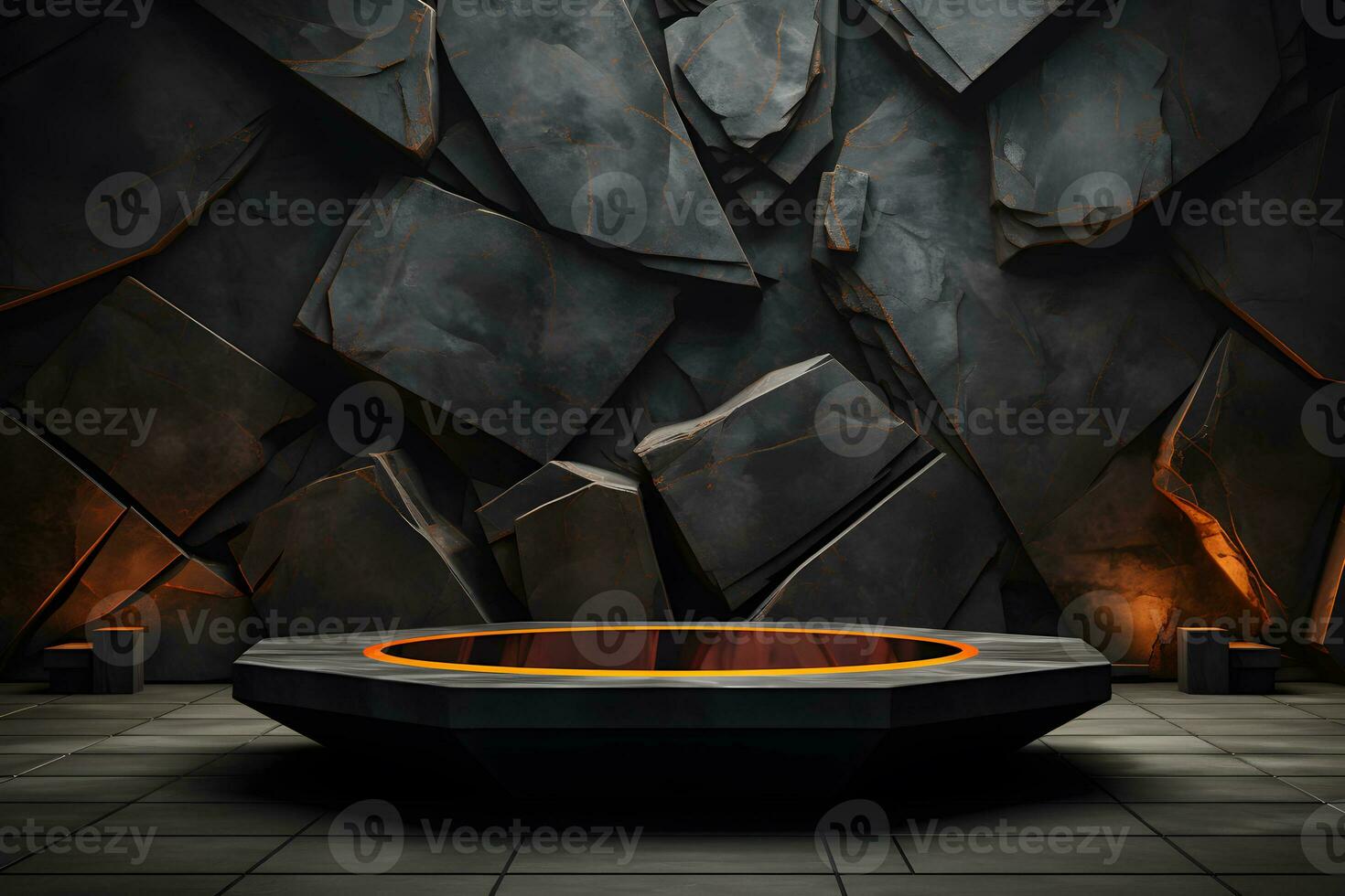 Futuristic dark room with stone floor, 3d render. AI Generative Illustration. Podium for product shoot. photo