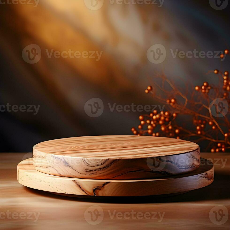 3d render, abstract minimal scene with round podium and mountains in the background AI Generative Illustration. Podium for product shoot. photo
