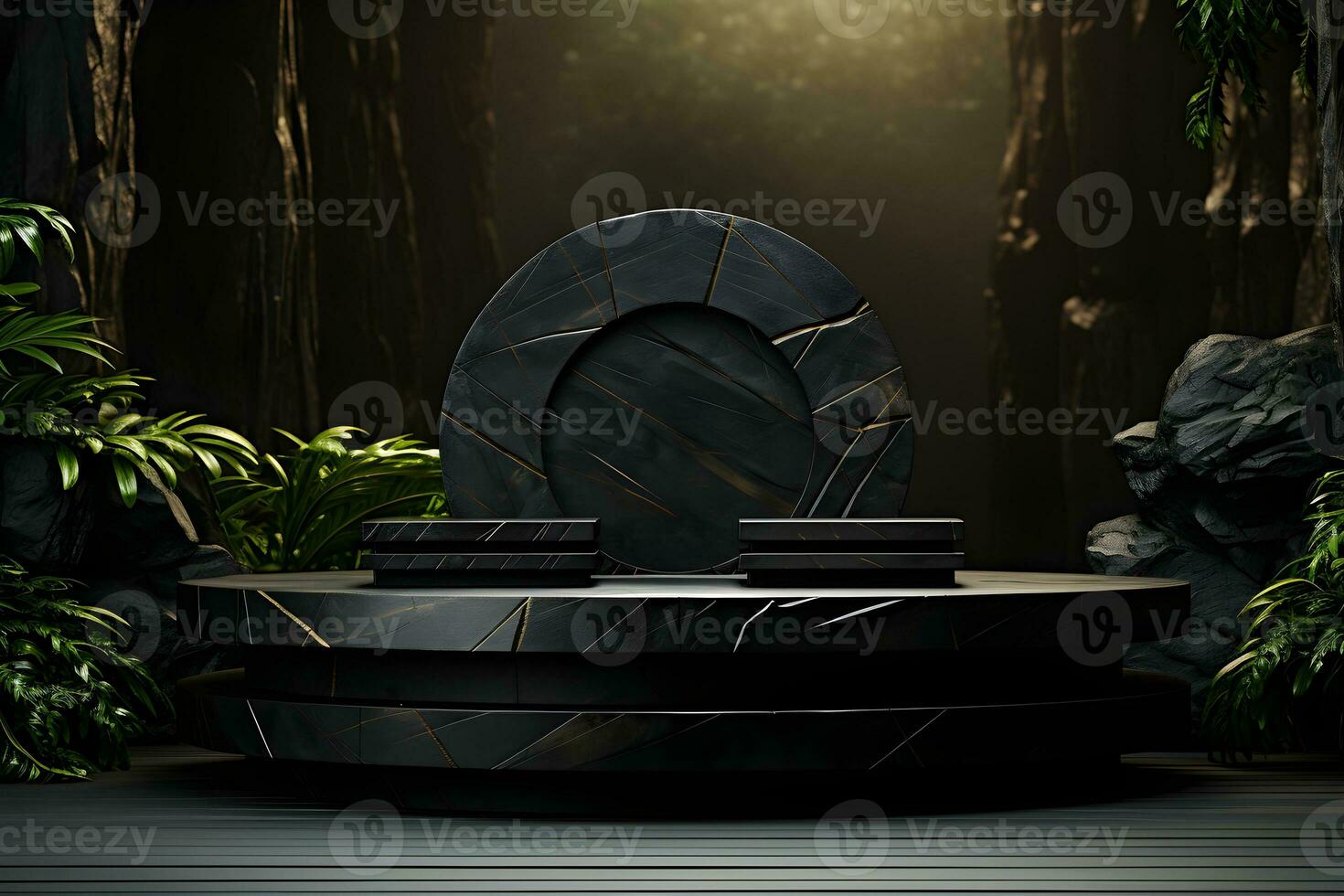 Futuristic dark room with stone floor, 3d render. AI Generative Illustration. Podium for product shoot. photo