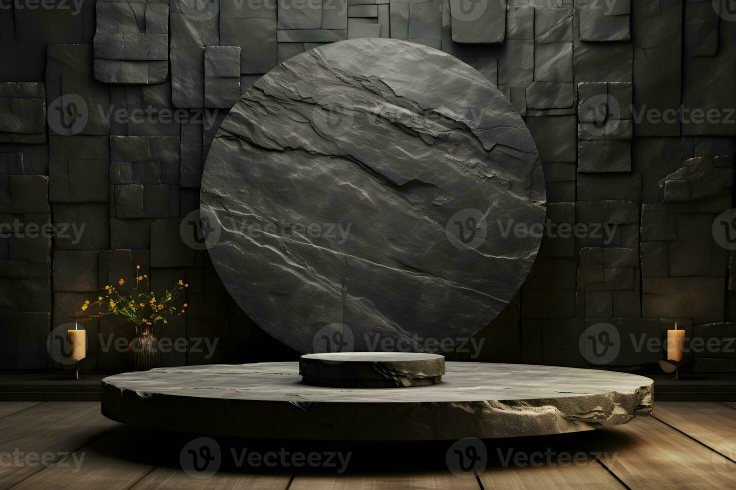 3d render, abstract minimal scene with round podium and mountains in the background AI Generative Illustration. Podium for product shoot. photo