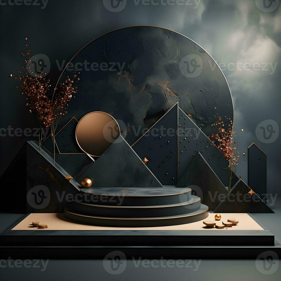 3d render of black and gold pedestal podium on background with neon stage light abstract minimal concept decorate with plant, blank space luxury minimal clean design AI Generative photo