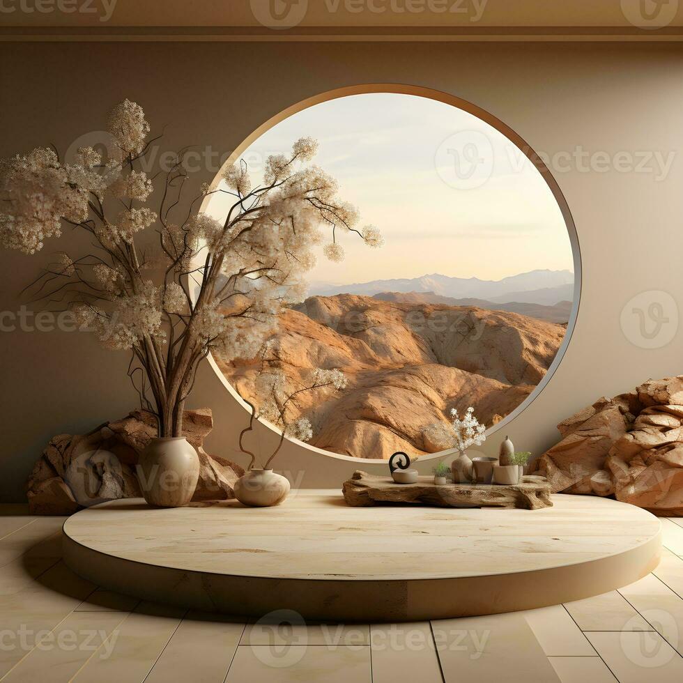 3d render, abstract minimal scene with round podium and mountains in the background AI Generative Illustration. Podium for product shoot. photo