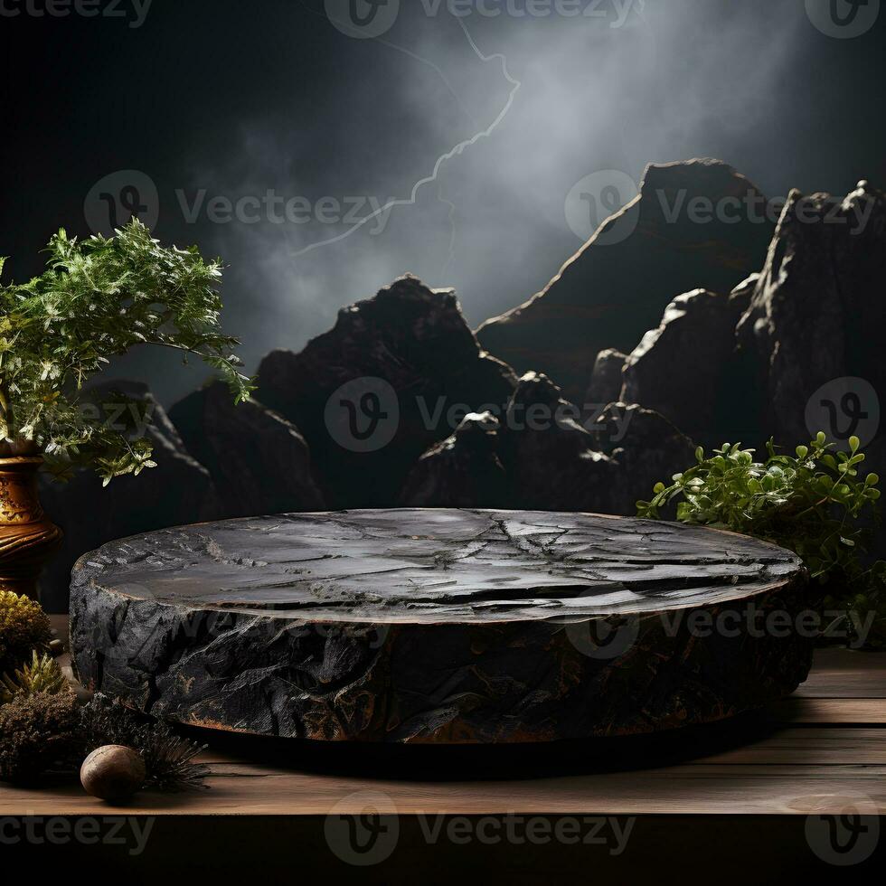 Black stone circle podium pedestal product stage platform 3d background. Generative AI photo