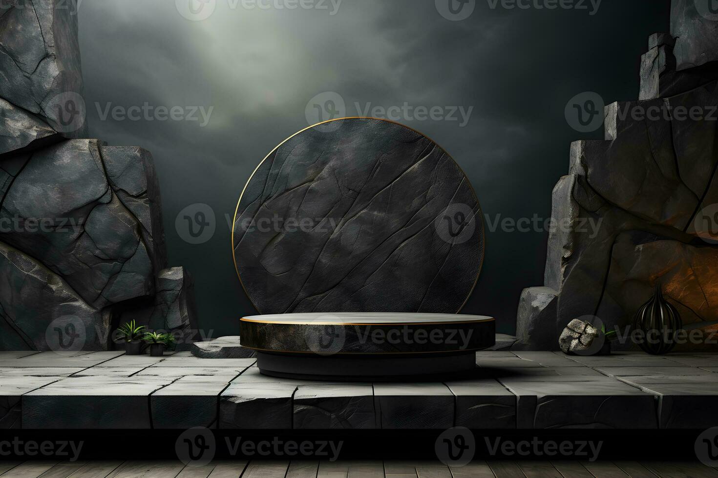 Futuristic dark room with stone floor, 3d render. AI Generative Illustration. Podium for product shoot. photo