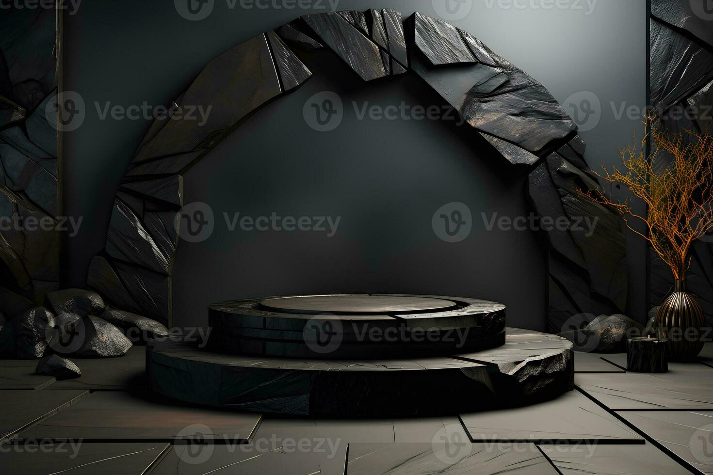 3D Podium of Black Palm, Stone, and Rock with Neon Lighting on Total Black Palette and Circular Copy Space Background. Generative AI photo