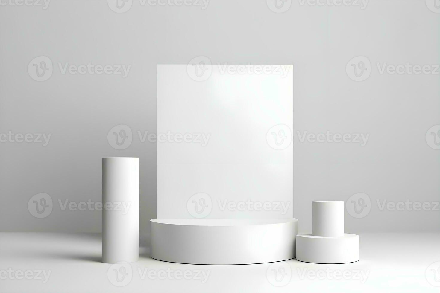 3d render of white round podium on the wooden floor in the modern room. AI Generative Illustration. Podium for product shoot. Marble , plant, Minimal Display for product. photo