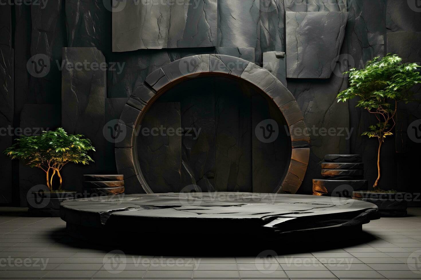 Futuristic dark room with stone floor, 3d render. AI Generative Illustration. Podium for product shoot. photo