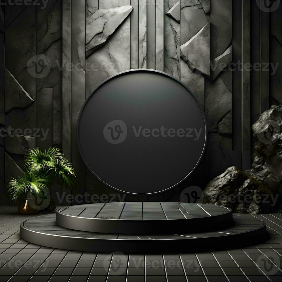 Stone and rock shape 3d render illustration. Round podium, pedestal for brand product exhibition. Solid dark black color AI Generative Illustration.. photo