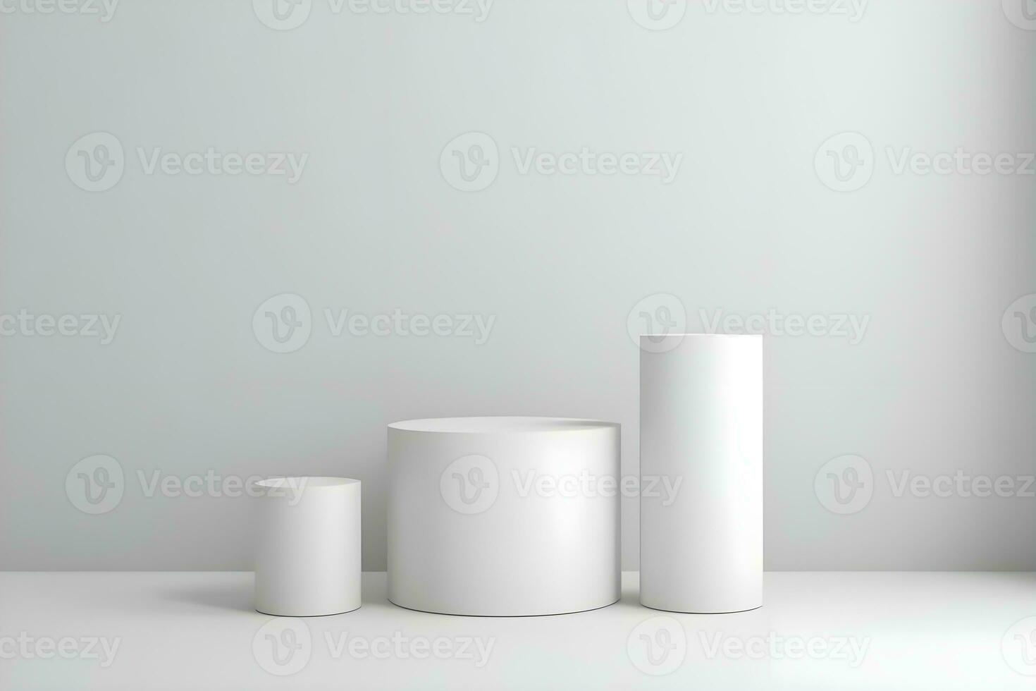 3d render of white round podium on the wooden floor in the modern room. AI Generative Illustration. Podium for product shoot. Marble , plant, Minimal Display for product. photo