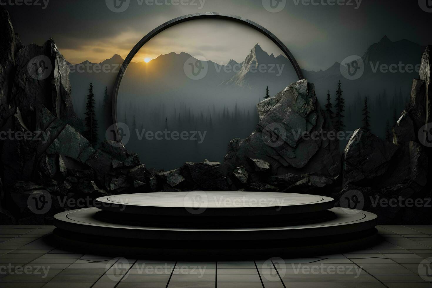 Futuristic dark room with stone floor, 3d render. AI Generative Illustration. Podium for product shoot. photo