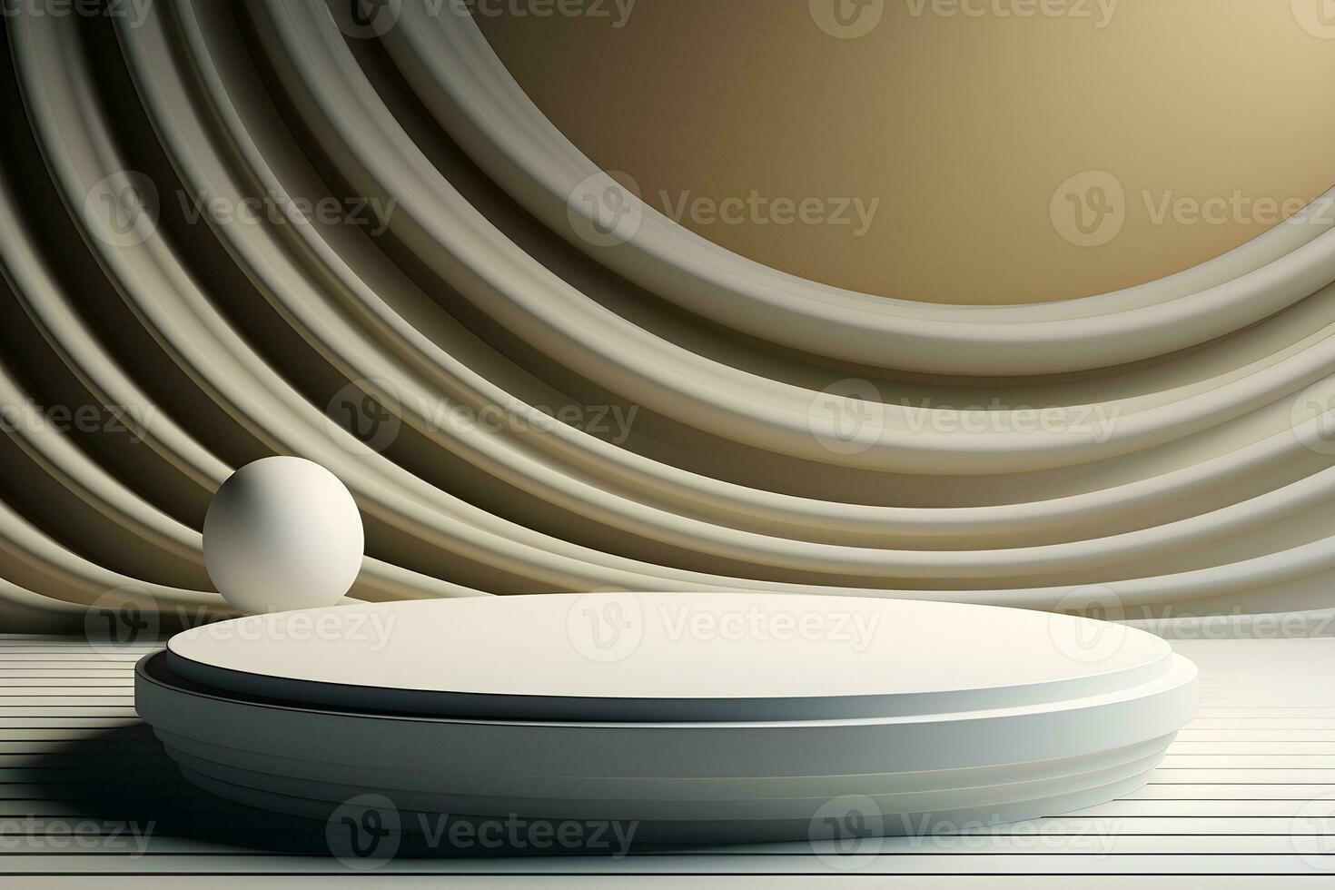 3d render of white round podium on the wooden floor in the modern room. AI Generative Illustration. Podium for product shoot. Minimal Display for product. photo