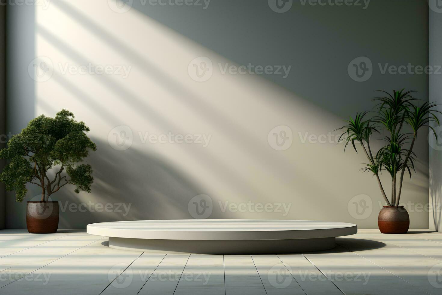 realistic 3d cylinder stand podium. cylinder podium leaves in pastel natural background. Scene to show cosmetic products presentation. AI Generative Illustration. photo
