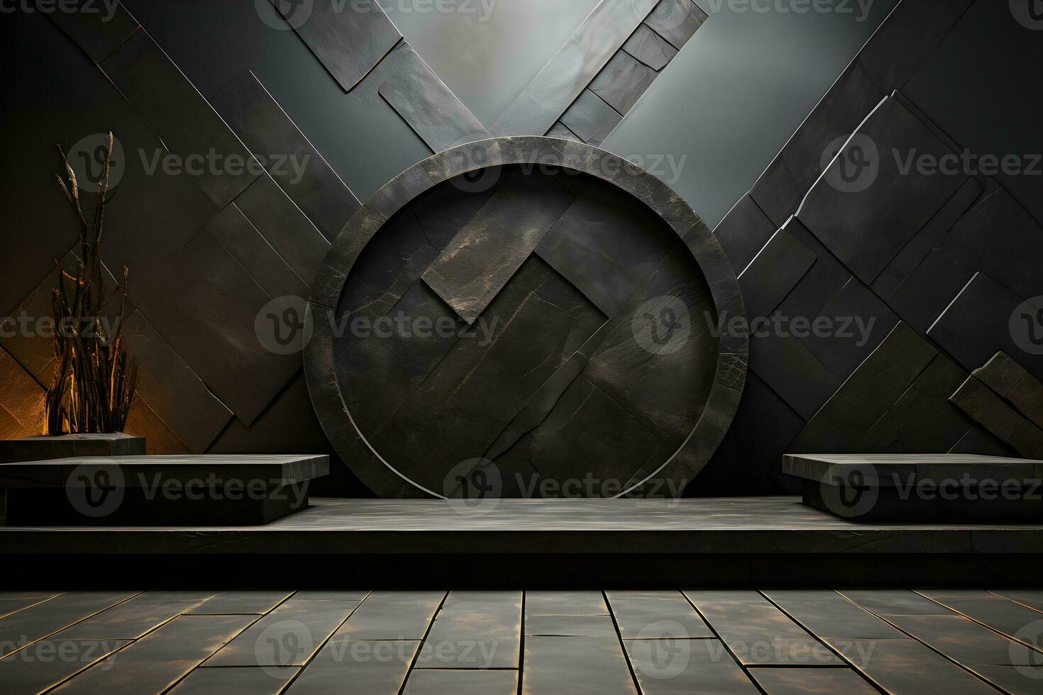 Stone and rock shape 3d render illustration. Round podium, pedestal for brand product exhibition. Solid dark black color AI Generative Illustration. photo