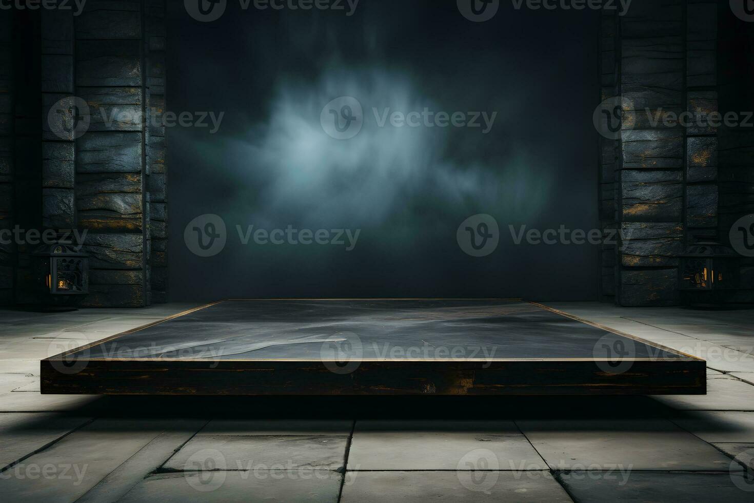 Futuristic dark room with stone floor, 3d render. AI Generative Illustration. Podium for product shoot. photo