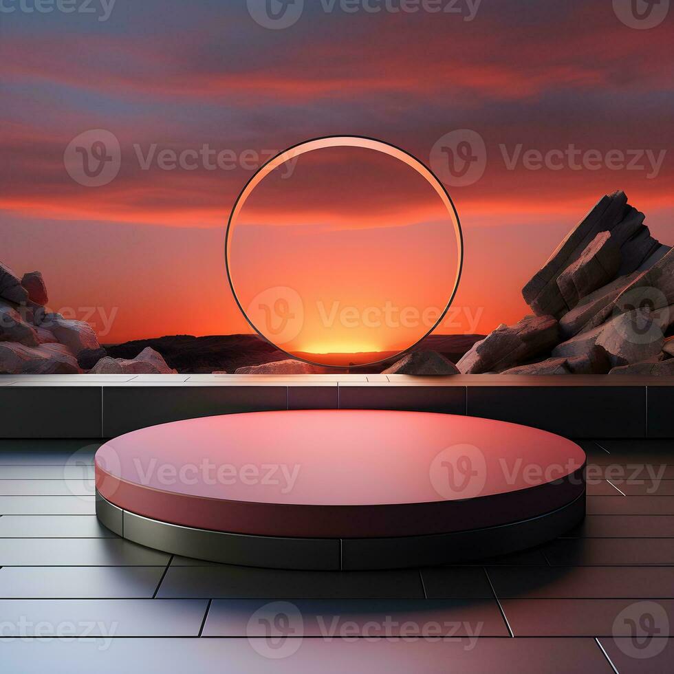 3d render, abstract minimal scene with round podium and mountains in the background AI Generative Illustration. Podium for product shoot. photo