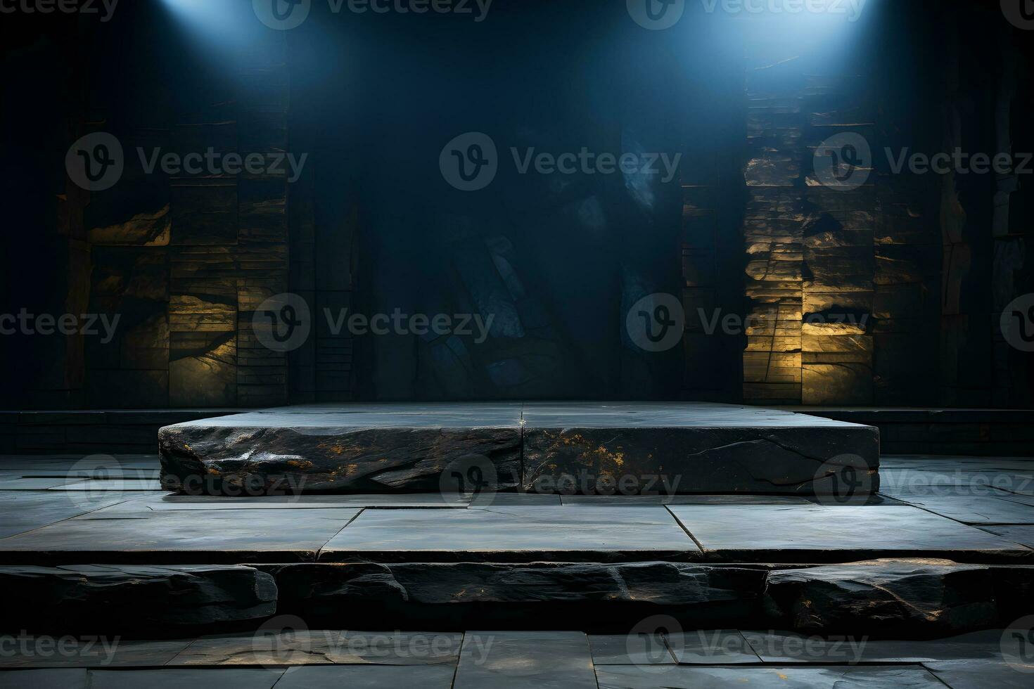 Futuristic dark room with stone floor, 3d render. AI Generative Illustration. Podium for product shoot. photo