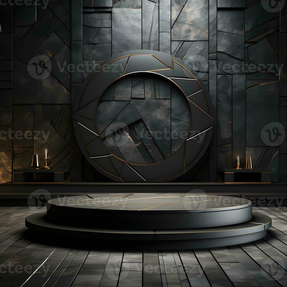 Black stone circle podium pedestal product stage platform 3d background. Generative AI photo