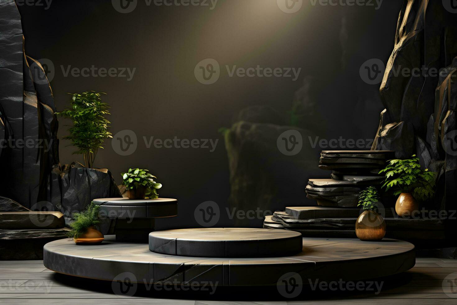 Futuristic dark room with stone floor, 3d render. AI Generative Illustration. Podium for product shoot. photo
