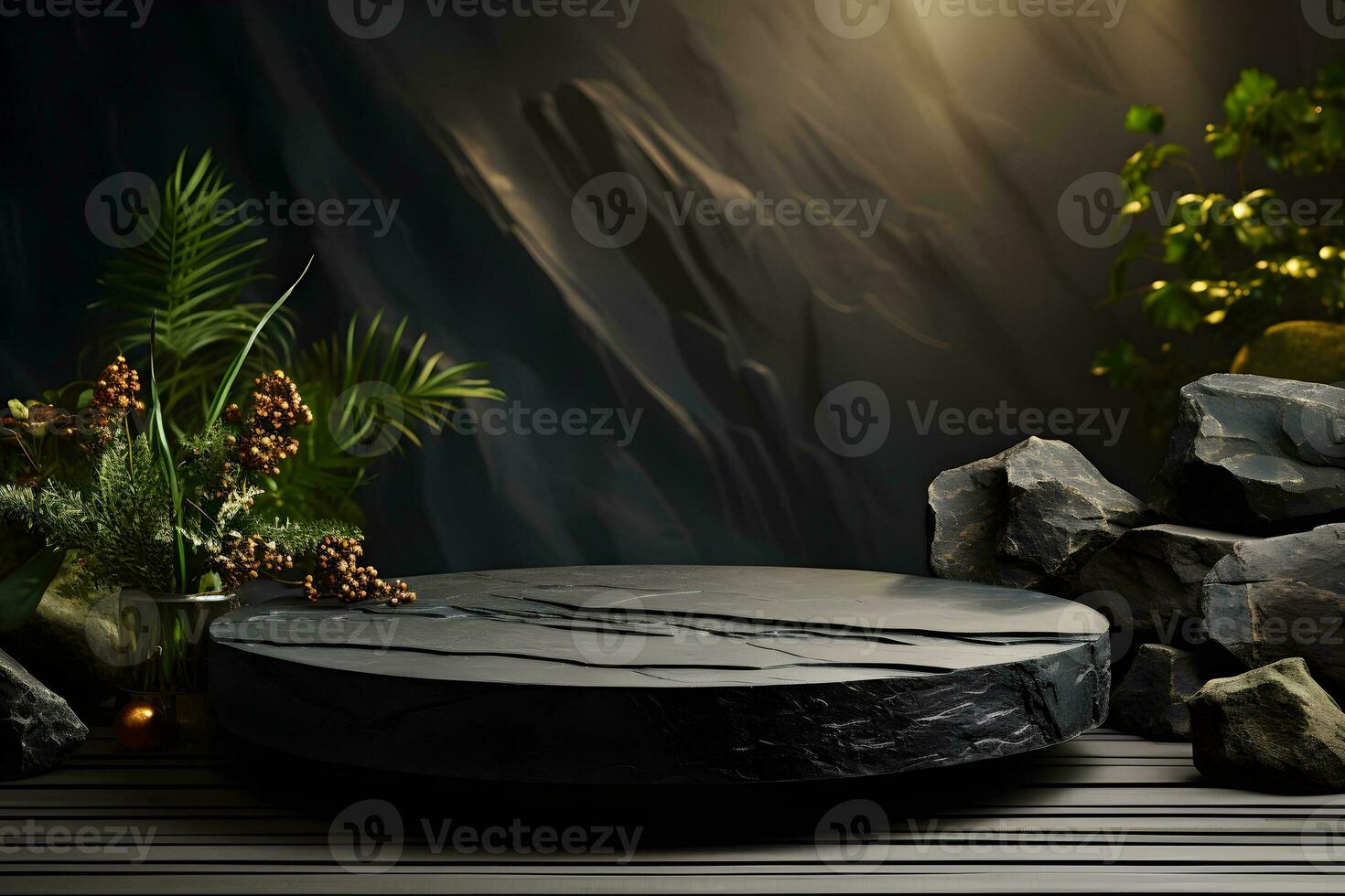 Stone and rock shape 3d render illustration. Round podium, pedestal for brand product exhibition. Solid dark black color AI Generative Illustration. photo