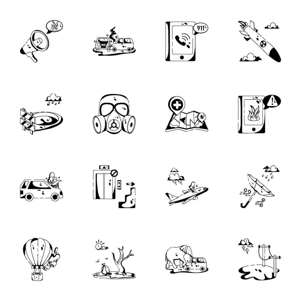 Collection of Disasters and Rescue Glyph Icons vector