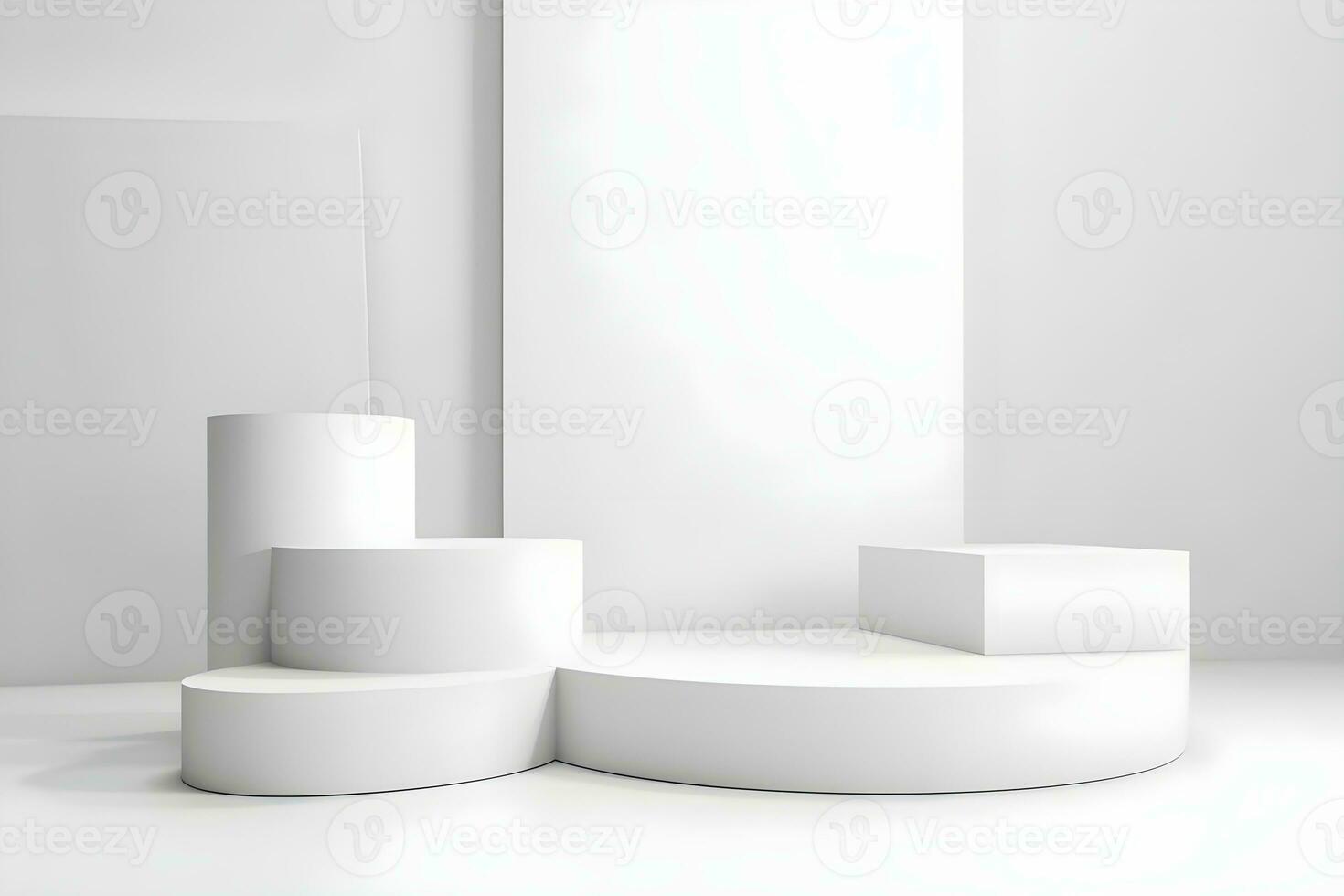 3d hacer de blanco redondo podio en el de madera piso en el moderno habitación. ai generativo ilustración. podio para producto disparo. mármol , planta, mínimo monitor para producto. foto