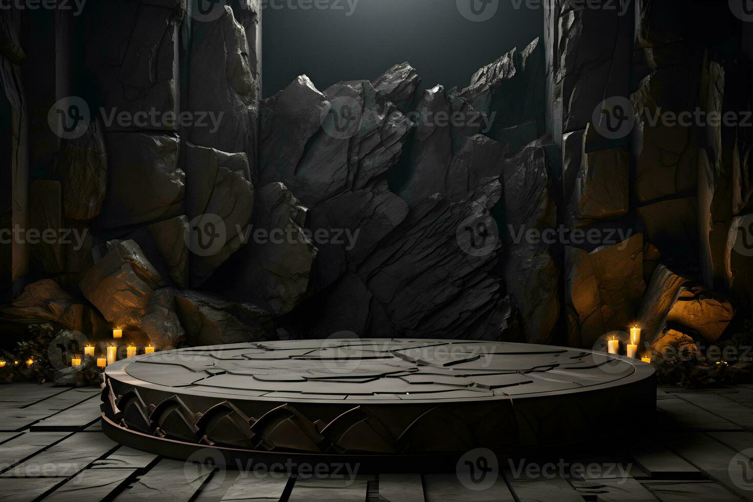 Futuristic dark room with stone floor, 3d render. AI Generative Illustration. Podium for product shoot. photo