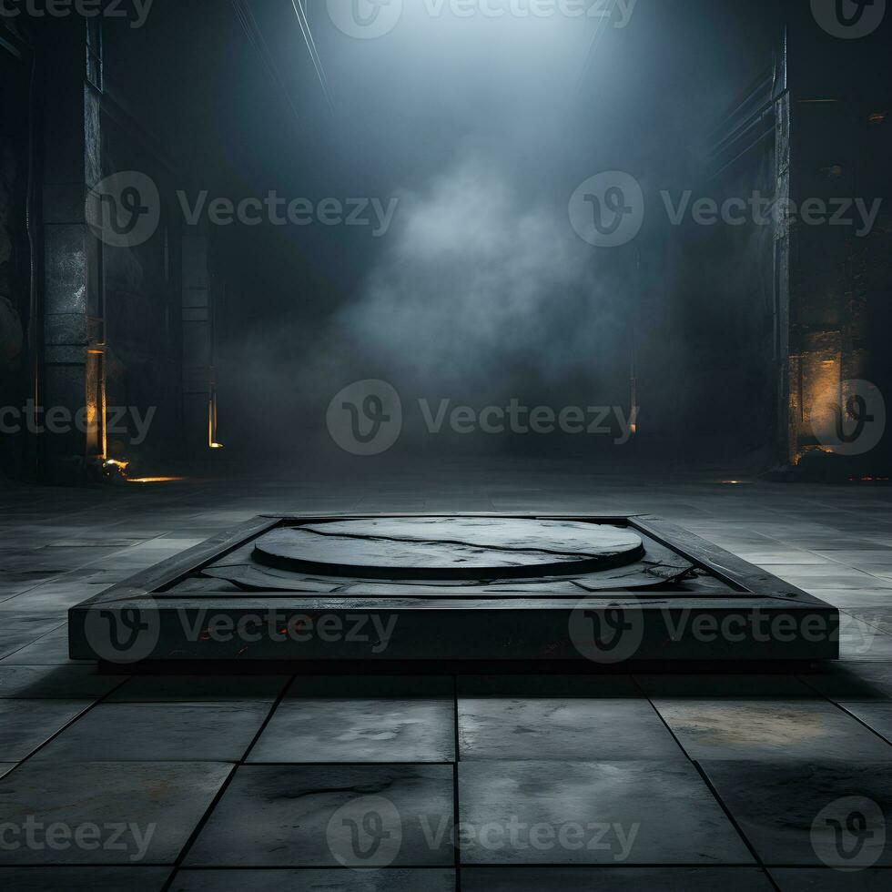 Stone and rock shape 3d render illustration. Round podium, pedestal for brand product exhibition. Solid dark black color AI Generative Illustration. photo