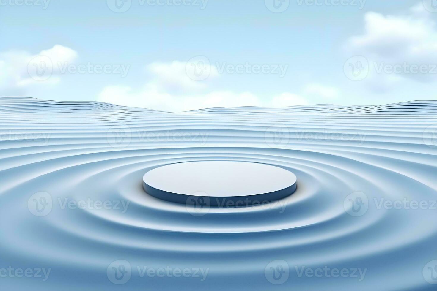3d representación de blanco circulo en azul antecedentes con algunos agua gotas ai generativo ilustración. podio para producto disparo. foto
