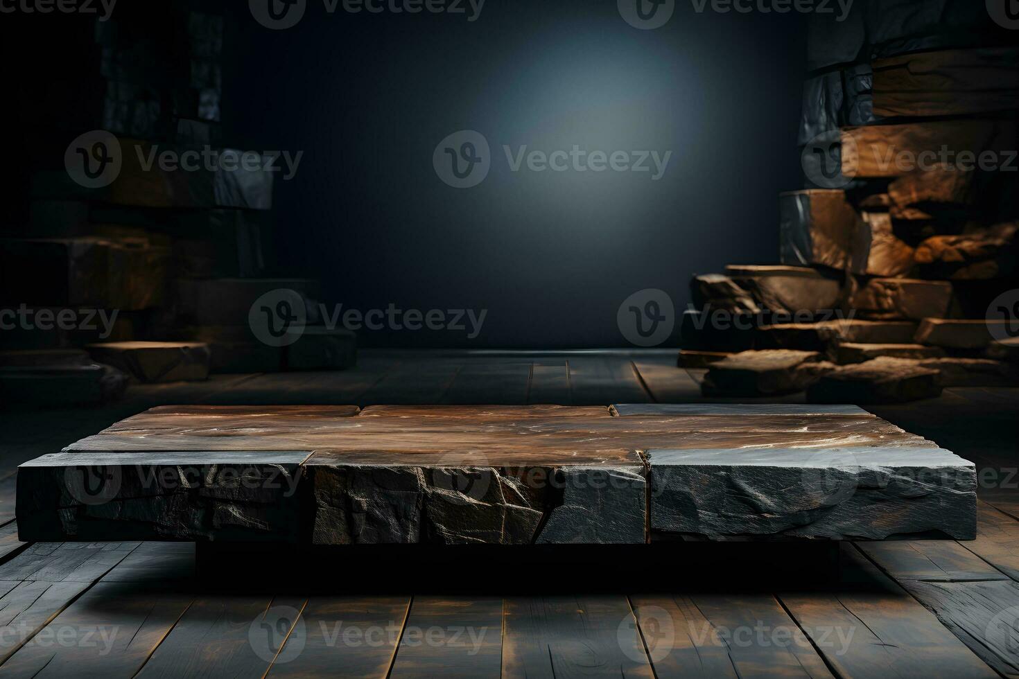 Futuristic dark room with stone floor, 3d render. AI Generative Illustration. Podium for product shoot. photo