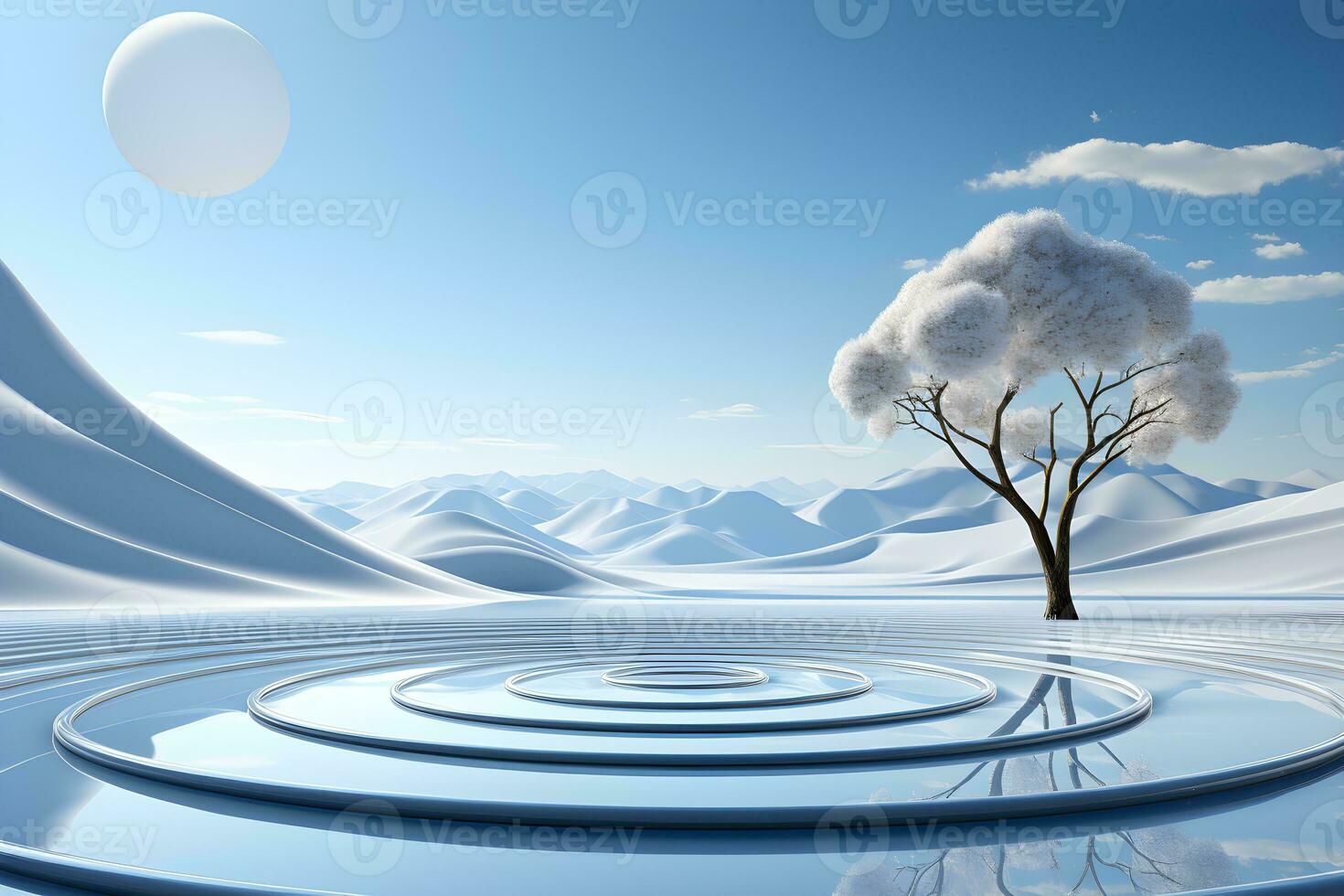 3d render, abstract minimal scene with round podium and mountains in the background AI Generative Illustration. Podium for product shoot. photo