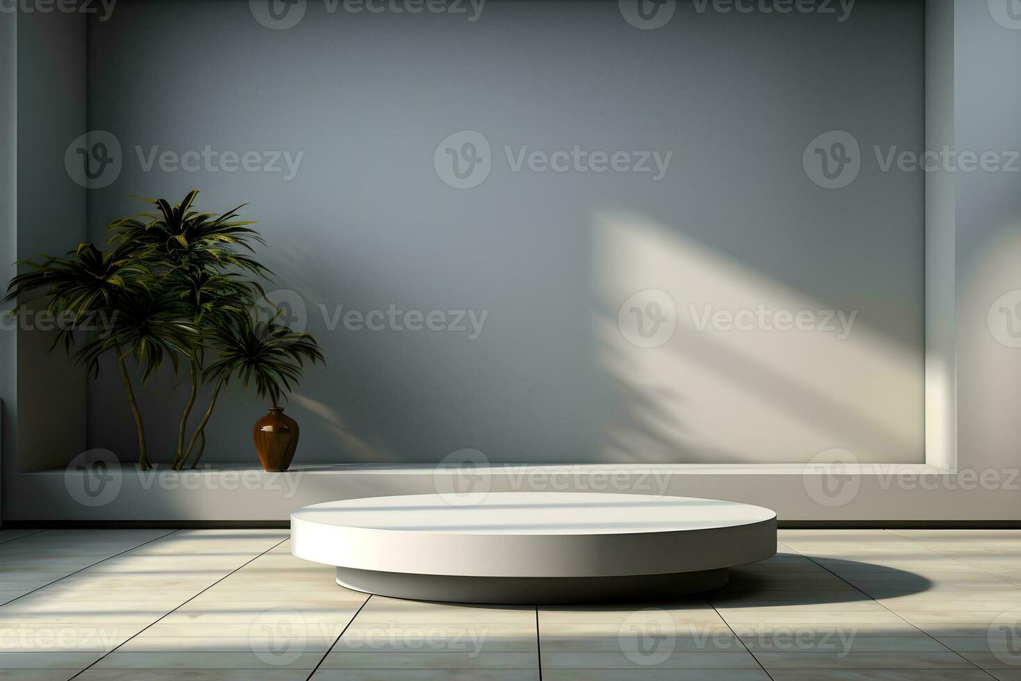 3d render of white round podium on the wooden floor in the modern room. AI Generative Illustration. Podium for product shoot. Minimal Display for product. photo