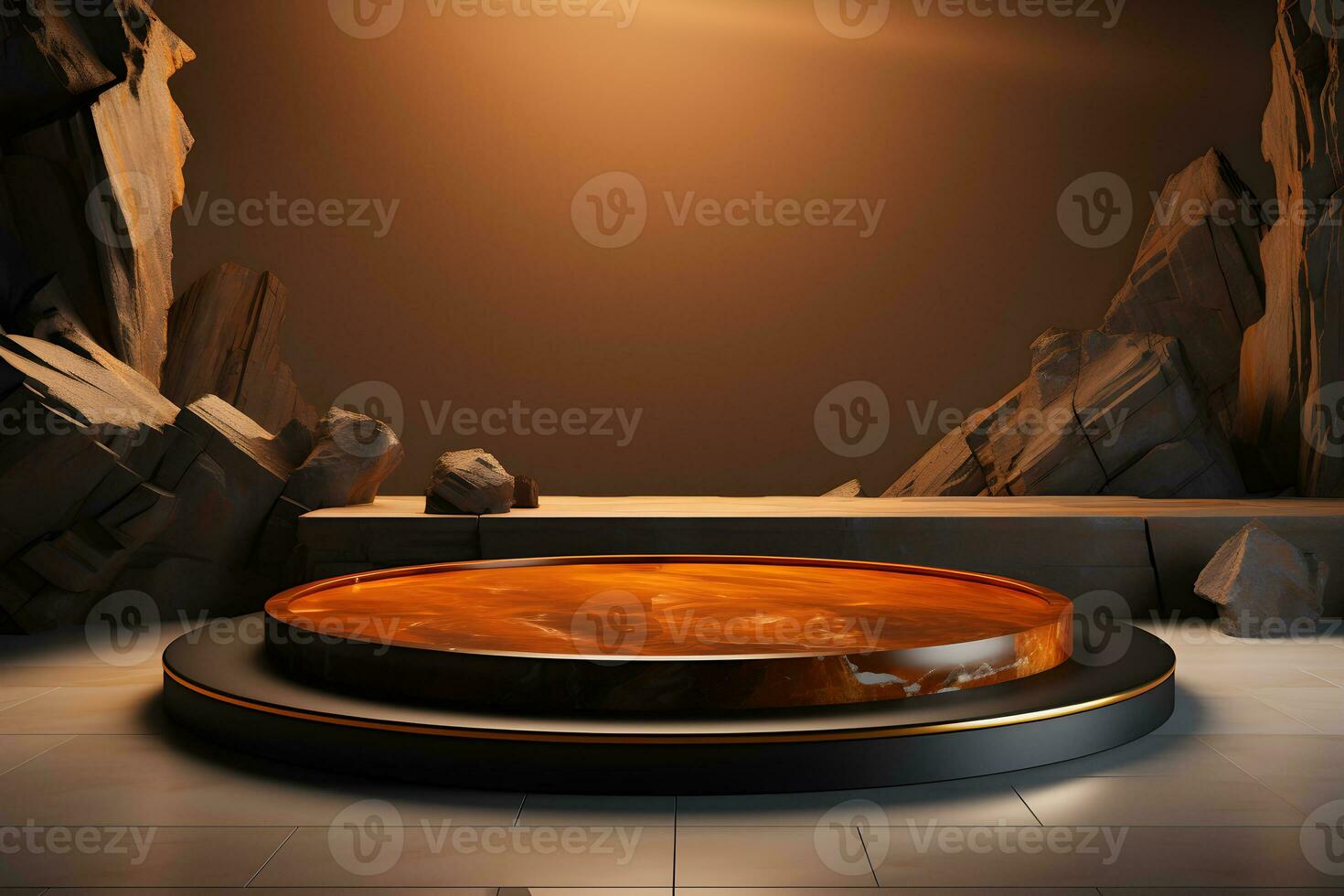 Futuristic dark room with stone floor, 3d render. AI Generative Illustration. Podium for product shoot. photo