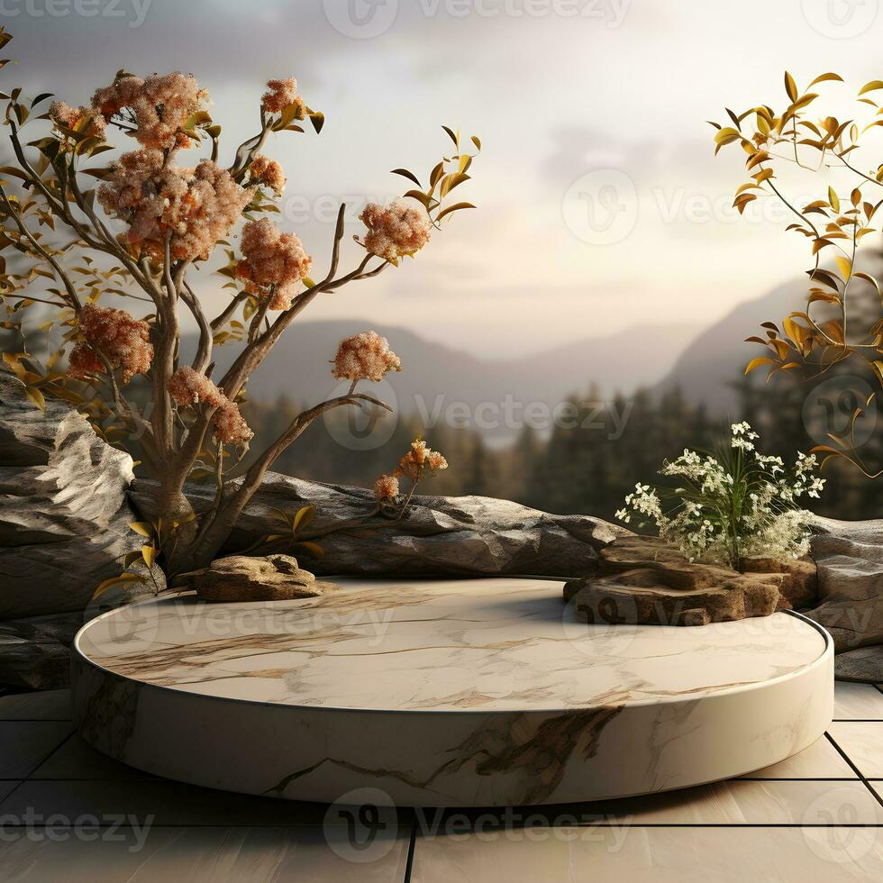 3d render, abstract minimal scene with round podium and mountains in the background AI Generative Illustration. Podium for product shoot. photo