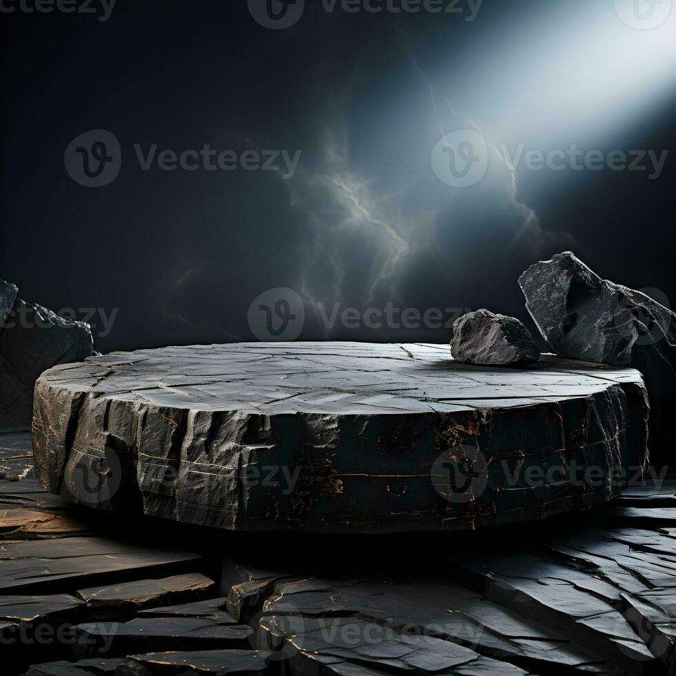 Black stone circle podium pedestal product stage platform 3d background. Generative AI photo