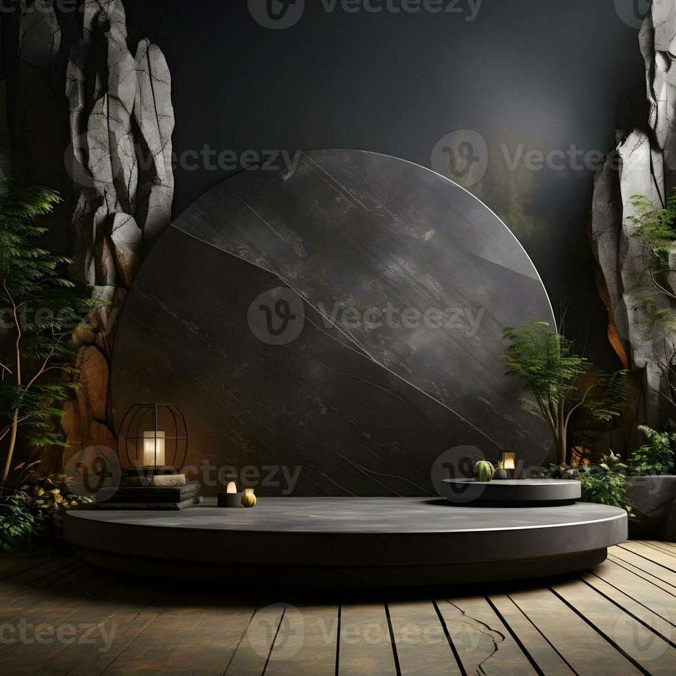 Stone and rock shape 3d render illustration. Round podium, pedestal for brand product exhibition. Solid dark black color AI Generative Illustration. photo