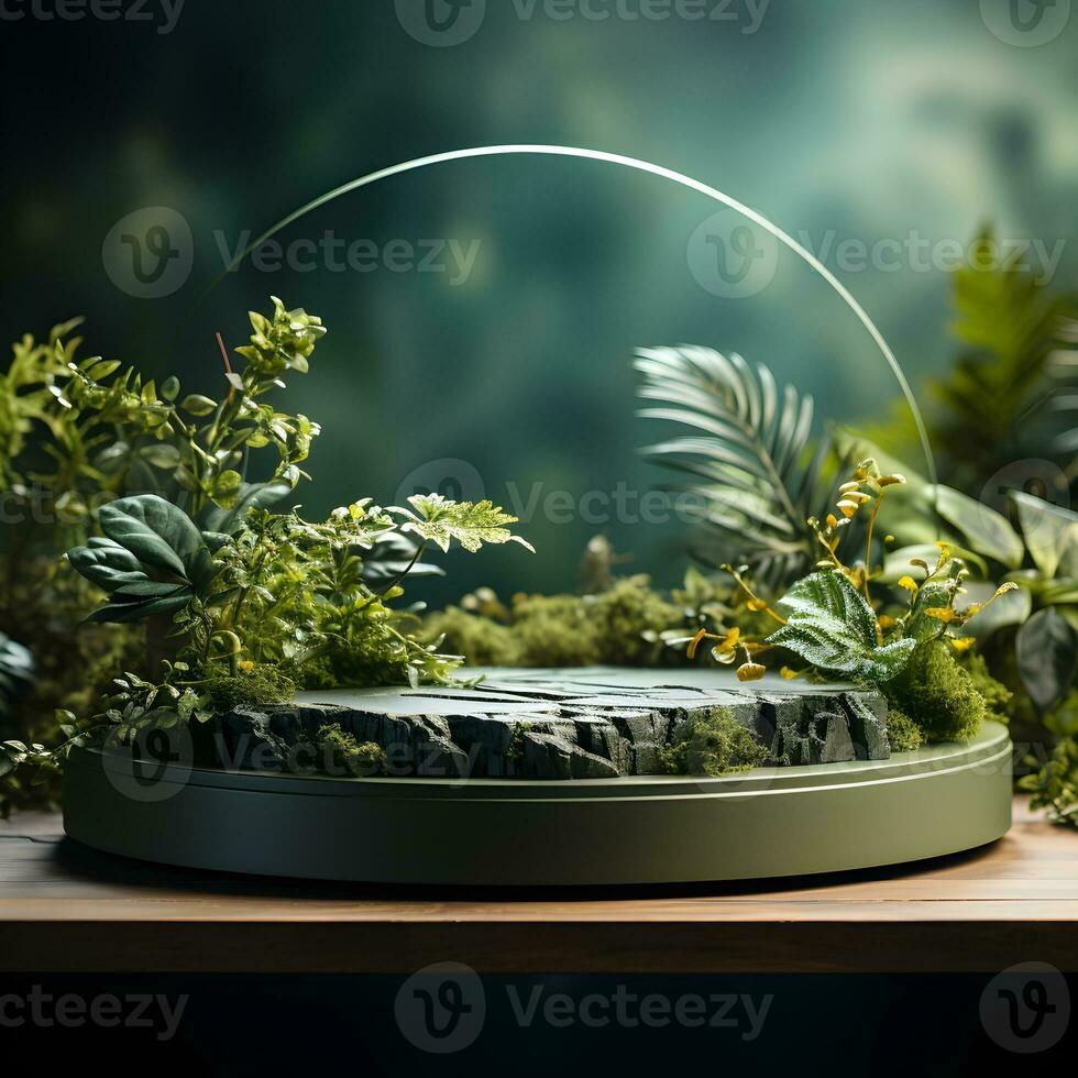 placed on a wooden platform with a leafy shadow. Mockup for a cosmetics or beauty product. pedestal of natural stone steps. Modern and trendy graphic and banner. Generative AI photo