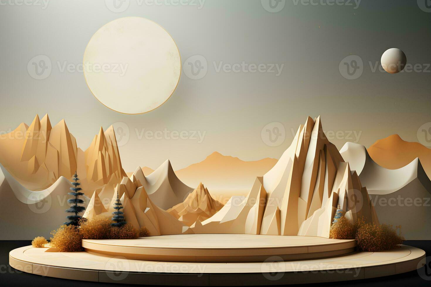 3D realistic podium for product shooting with a lot of space to put a product with Abstract scene concept AI Generative Illustration. photo