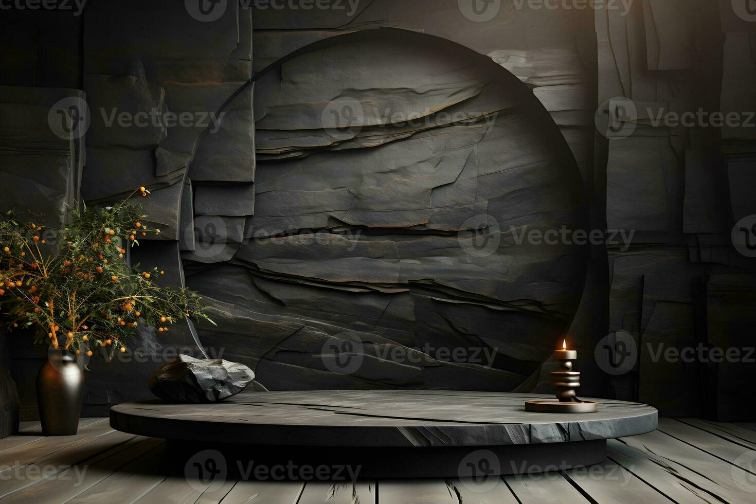 Stone and rock shape 3d render illustration. Round podium, pedestal for brand product exhibition. Solid dark black color AI Generative Illustration. photo