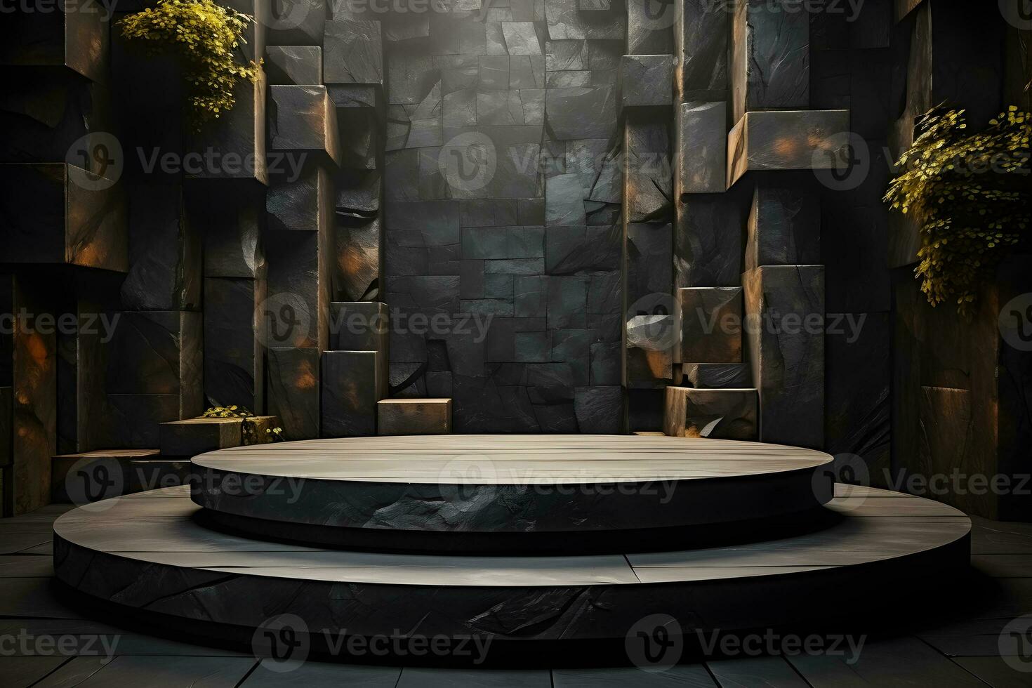 3D Podium of Black Palm, Stone, and Rock with Neon Lighting on Total Black Palette and Circular Copy Space Background. Generative AI photo