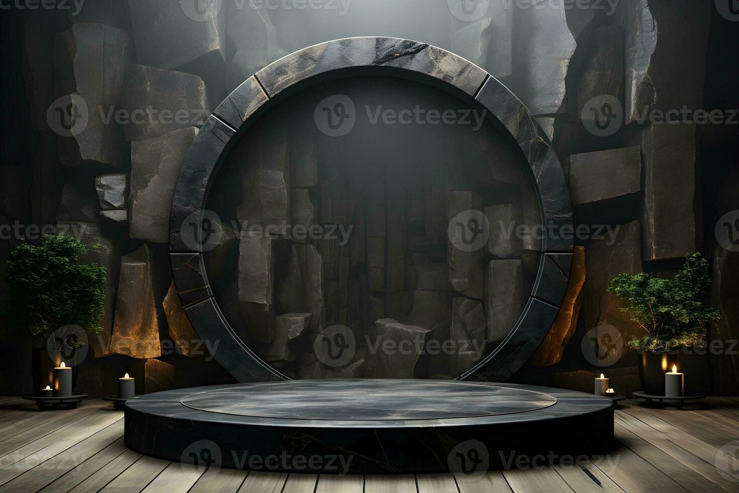 Futuristic dark room with stone floor, 3d render. AI Generative Illustration. Podium for product shoot. photo