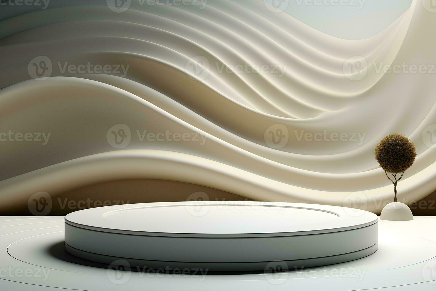 3d render of white round podium on the wooden floor in the modern room. AI Generative Illustration. Podium for product shoot. Minimal Display for product. photo