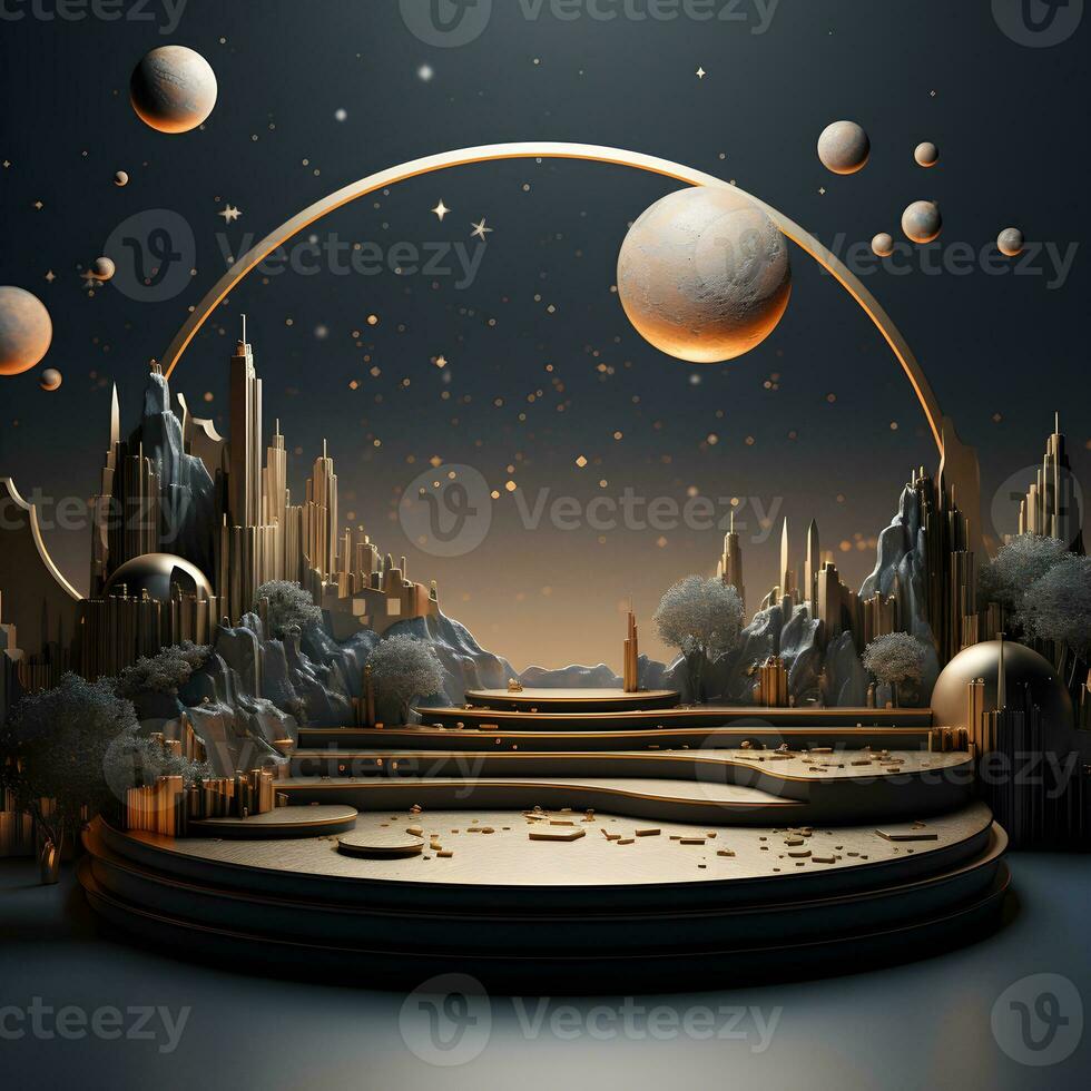 3d render, abstract minimal scene with round podium and mountains in the background AI Generative Illustration. Podium for product shoot. photo